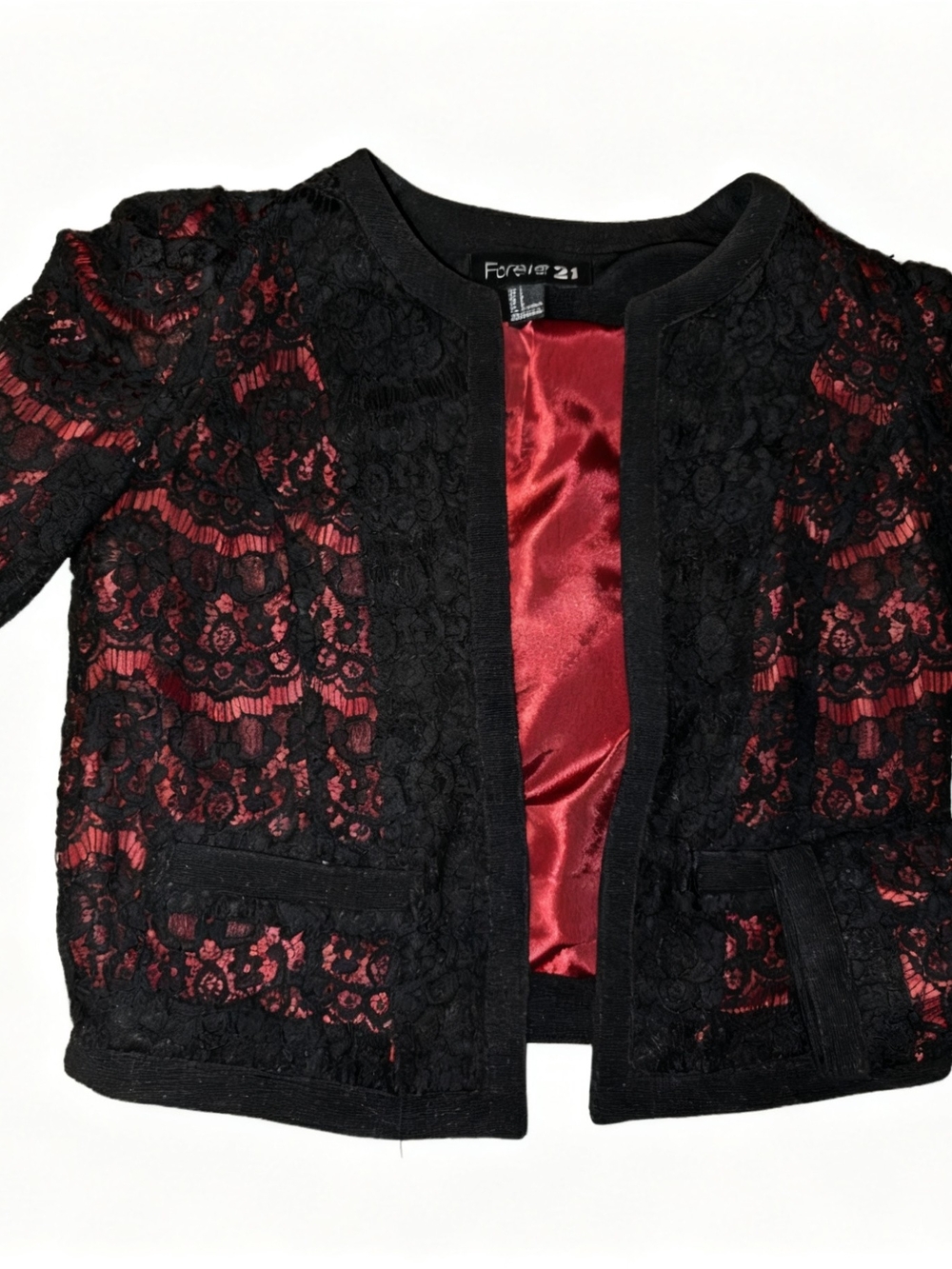 Forever 21 Black Lace Open-Front Jacket with Red Satin Lining